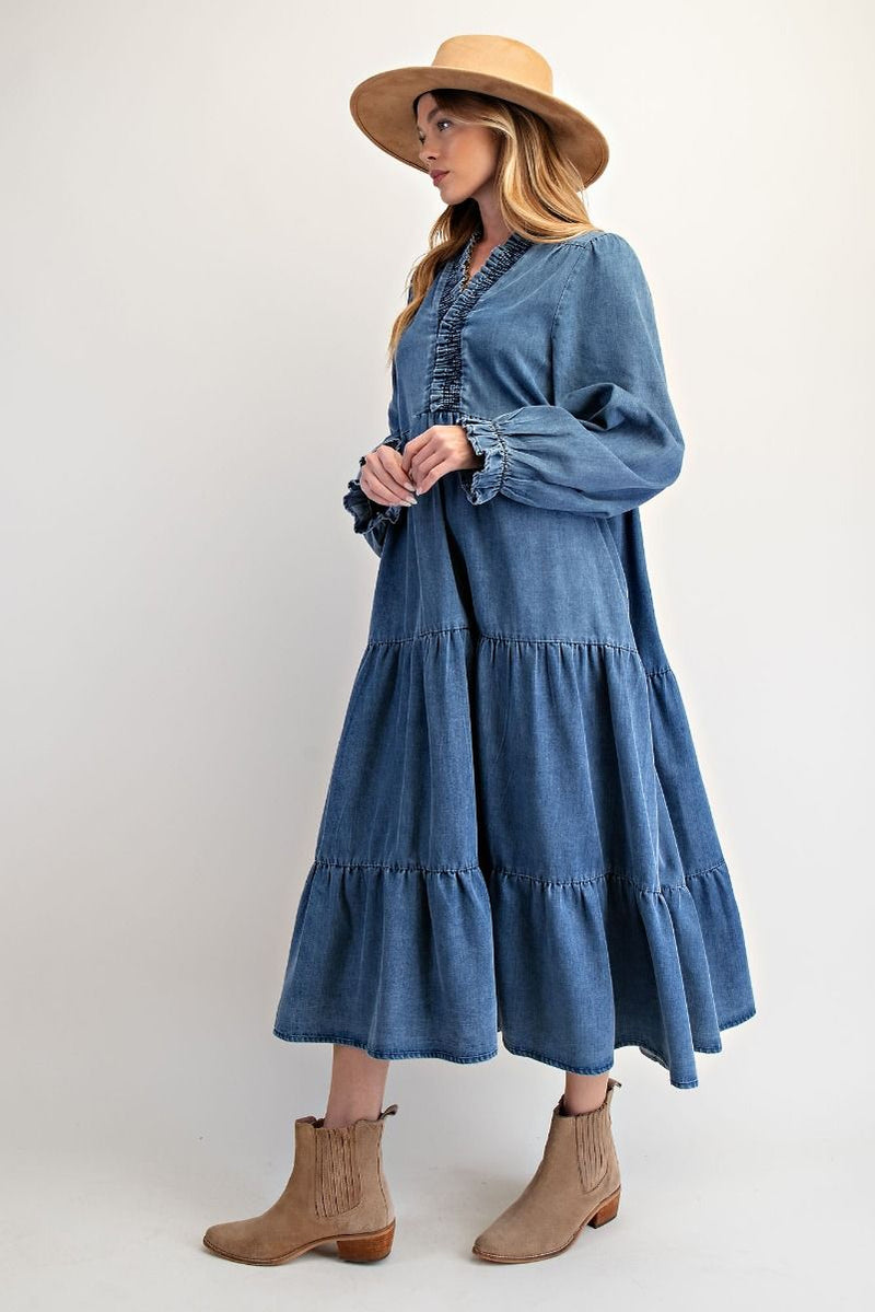 denim chiffon maxi dress Washed Denim Maxi Dress Washed Denim / Small