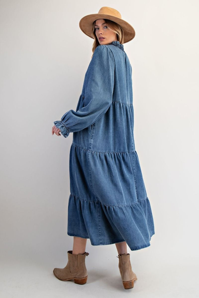 Easel Smocked Neck Maxi Dress Washed Denim / S, Size S