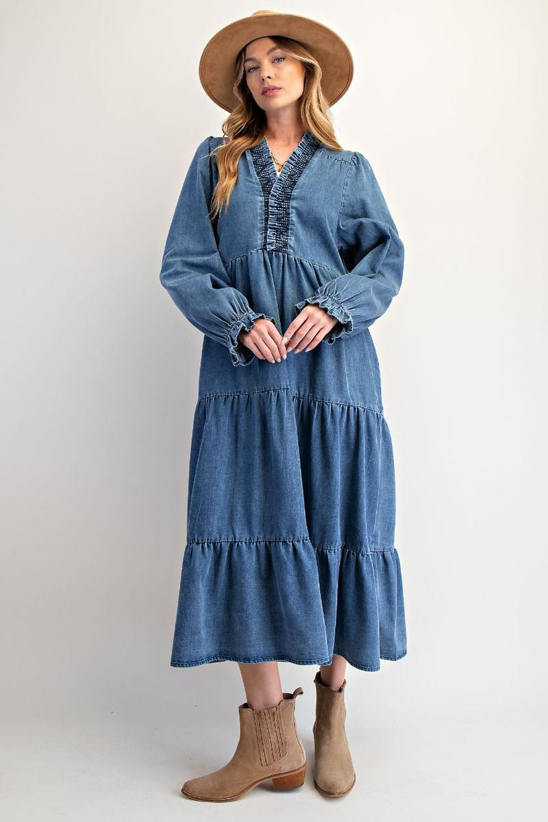Easel Smocked Neck Maxi Dress Washed Denim / S, Size S