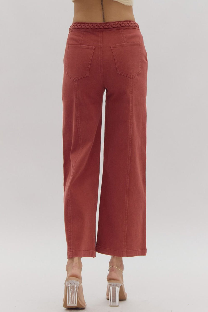 Wide Leg Pants w/ Braided Detail @ Waist-Pants-Entro-Rust-Small-Inspired Wings Fashion