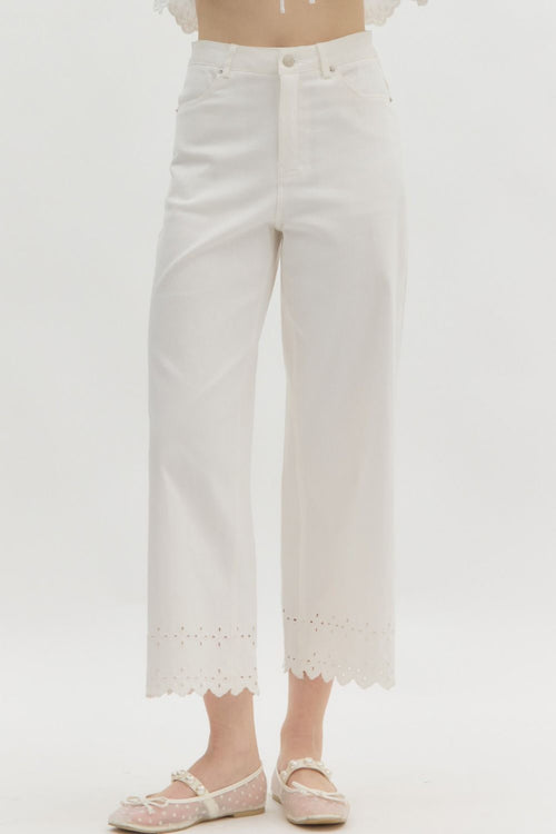 High Waist Embroidery Border Pants-Pants-Entro-White-Small-Inspired Wings Fashion