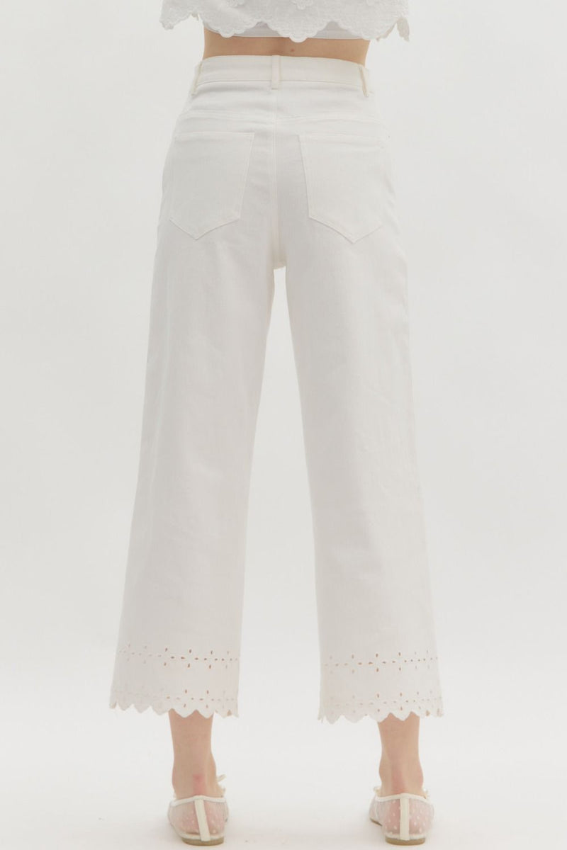 High Waist Embroidery Border Pants-Pants-Entro-White-Small-Inspired Wings Fashion
