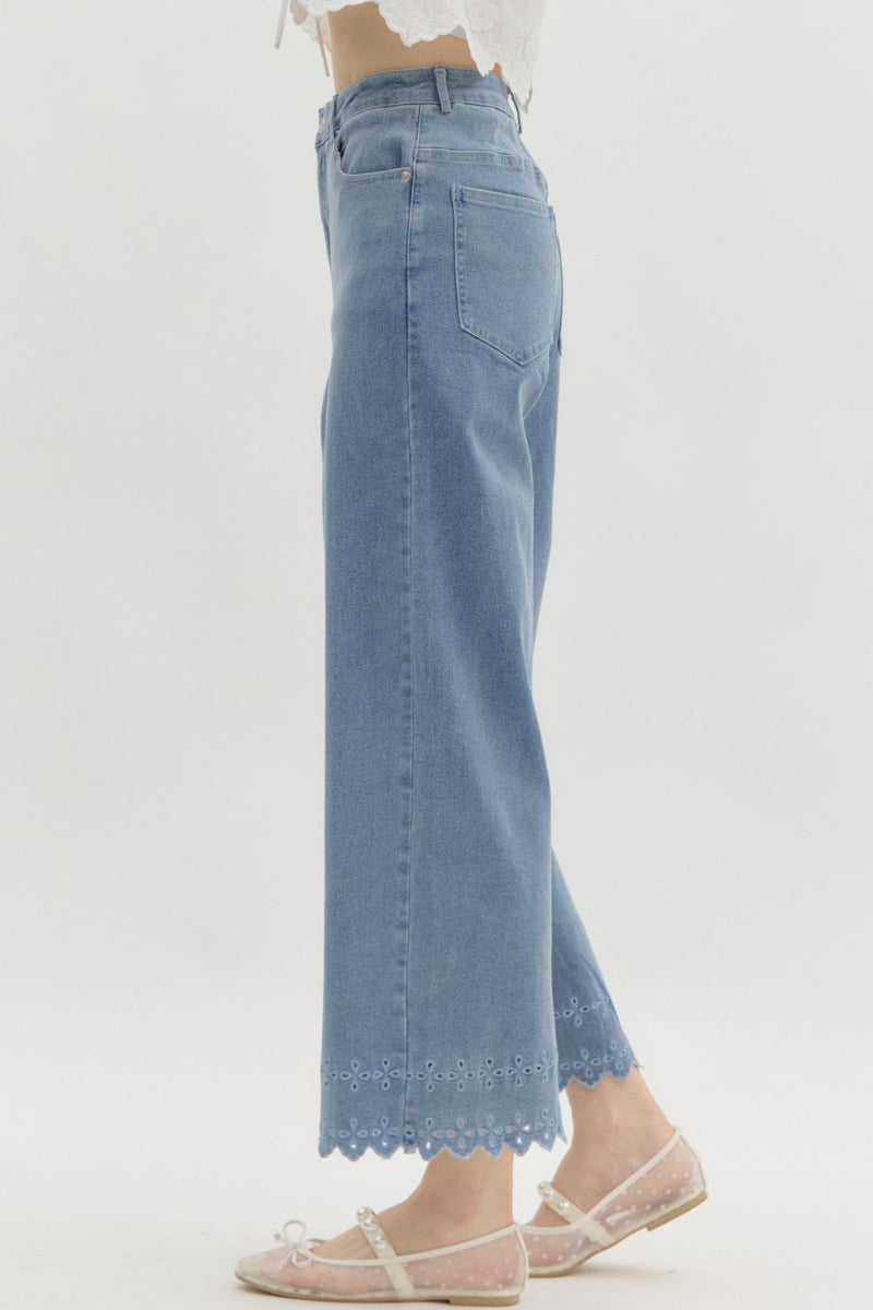 High Waist Embroidery Border Pants-Pants-Entro-White-Small-Inspired Wings Fashion