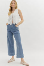 High Waist Embroidery Border Pants-Pants-Entro-White-Small-Inspired Wings Fashion