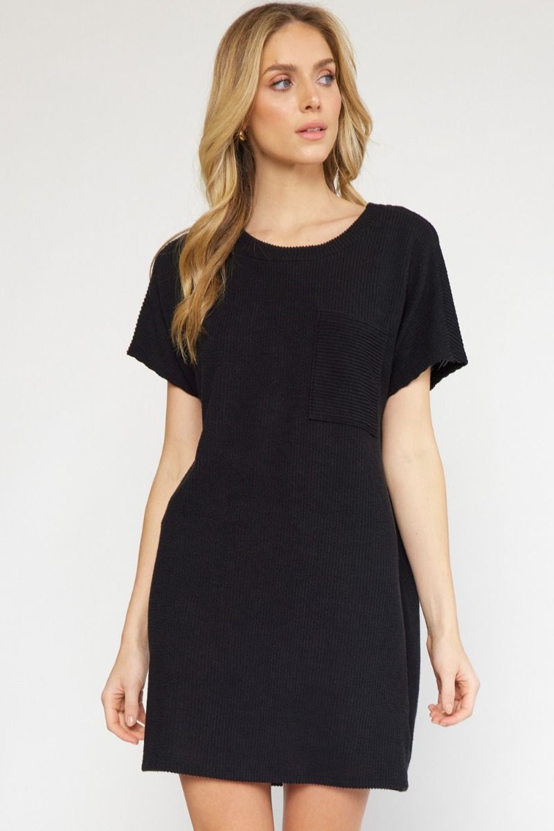 Textured Ribbed Short Sleeve Dress-Entro-Small-Black-Inspired Wings Fashion