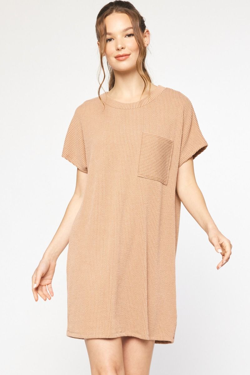 Textured Ribbed Short Sleeve Dress-Entro-Small-Peanut Butter-Inspired Wings Fashion
