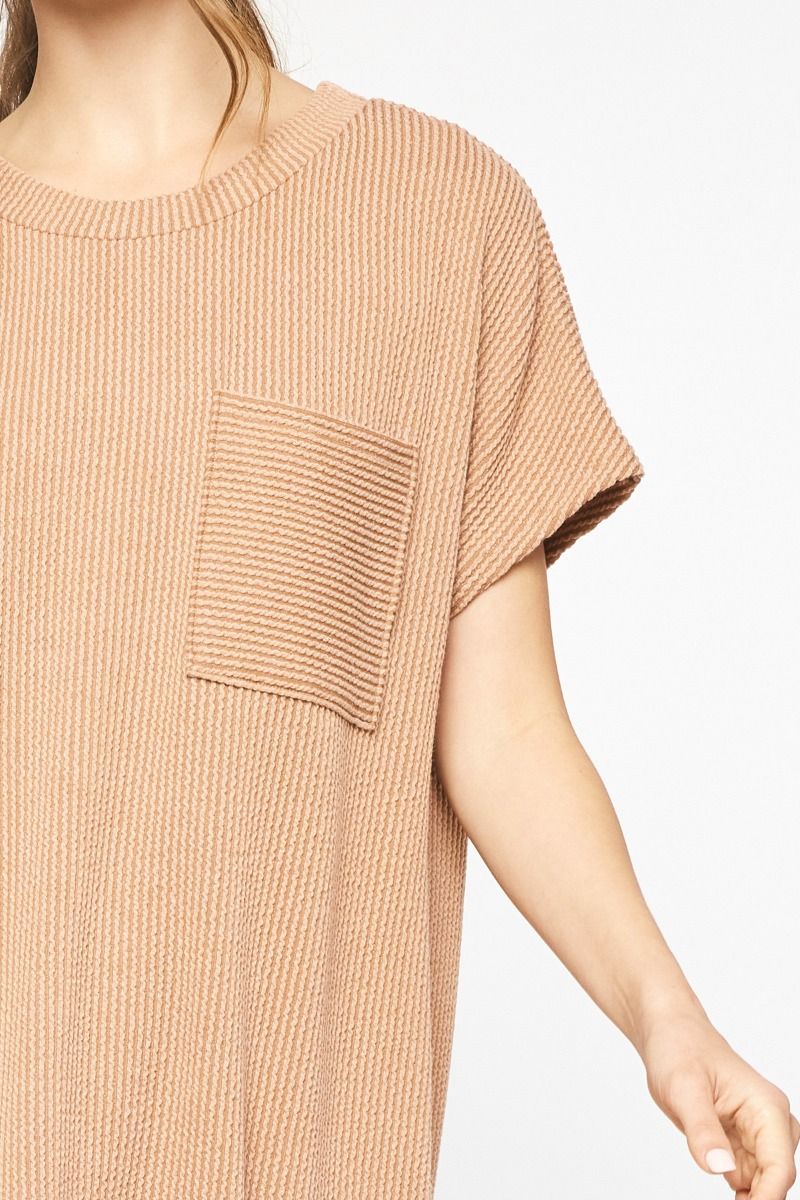 Textured Ribbed Short Sleeve Dress-Entro-Small-Chocolate-Inspired Wings Fashion