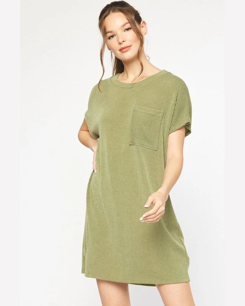Textured Ribbed Short Sleeve Dress-Entro-Small-Army-Inspired Wings Fashion