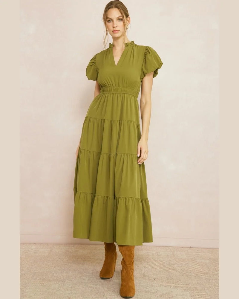 V-Neck Midi Dress-Dresses-Entro-Small-Martini Olive-Inspired Wings Fashion