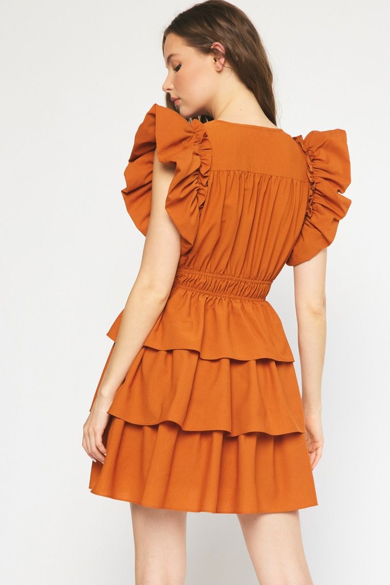 V-Neck Ruffle Mini Dress-Dresses-Entro-Small-Pumpkin-Inspired Wings Fashion