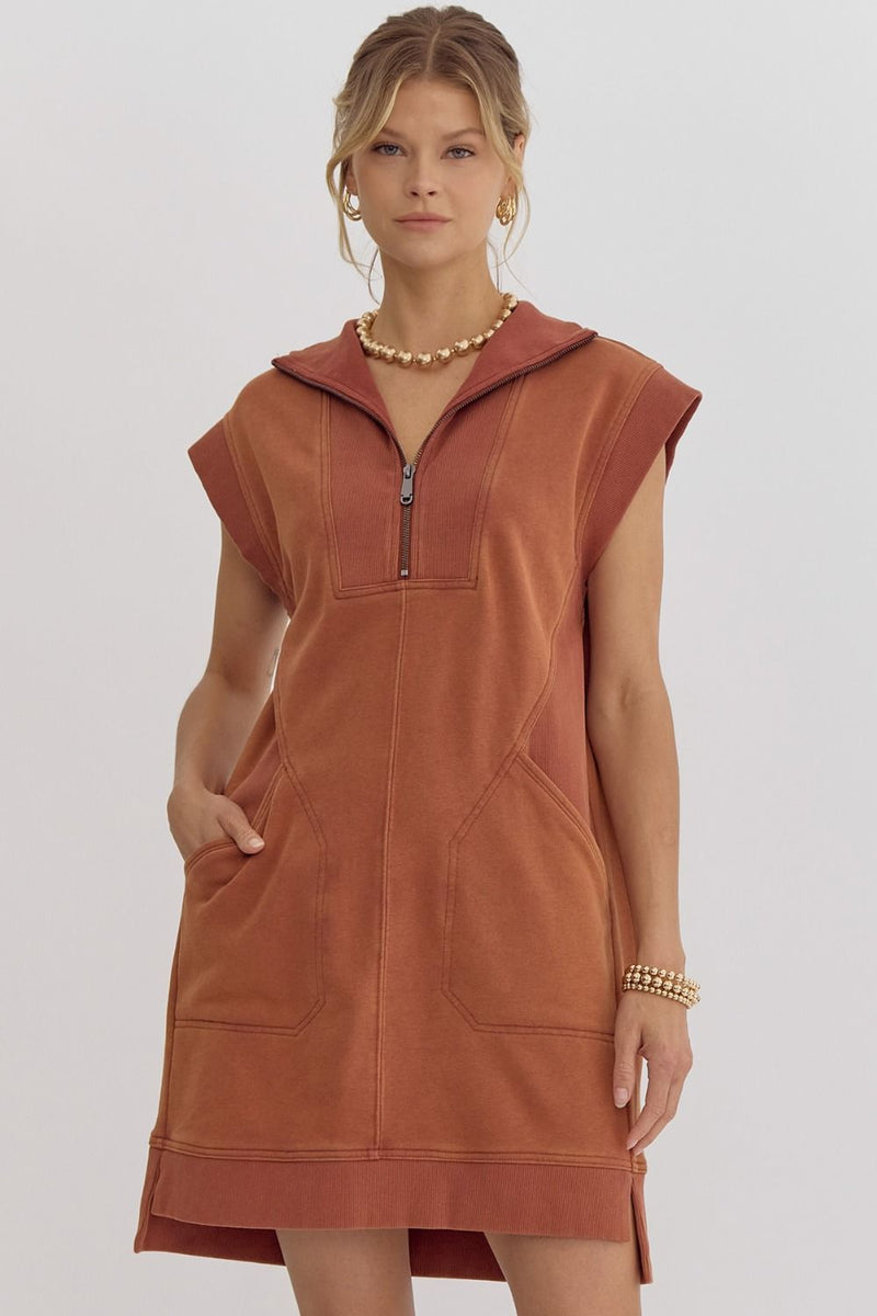 Solid mock-neck sleeveless mini dress-Dresses-Entro-Brick-Small-Inspired Wings Fashion