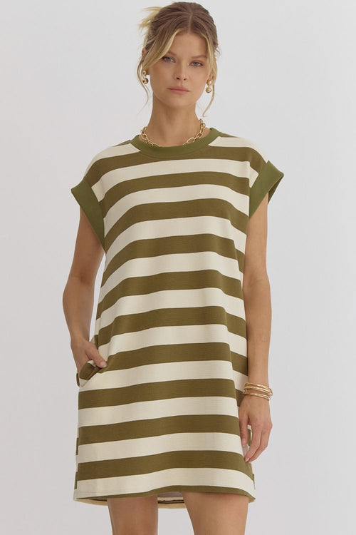 Stripe sleeveless mini dress featuring pockets-Dresses-Entro-Olive-Small-Inspired Wings Fashion