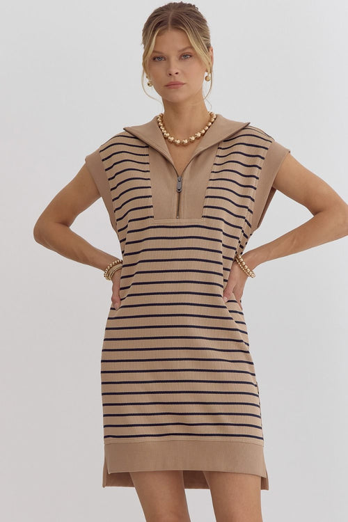 Stripe Print Ribbed Cap Sleeve Mini Dress-Dresses-Entro-Olive/Brown-Small-Inspired Wings Fashion