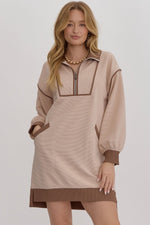 Solid ribbed zip up Long Sleeve Collared Dress-Dresses-Entro-Light Taupe-Small-Inspired Wings Fashion