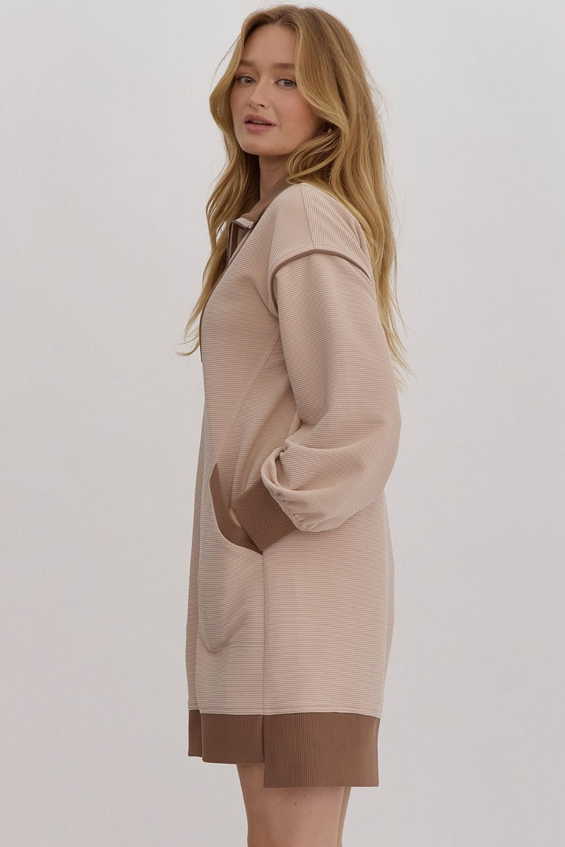 Solid ribbed zip up Long Sleeve Collared Dress-Dresses-Entro-Light Taupe-Small-Inspired Wings Fashion