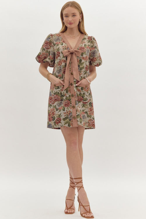 Floral Bow Tie Mini Dress w/ Bubble Sleeve-Dresses-Entro-Vintage Sand-Small-Inspired Wings Fashion