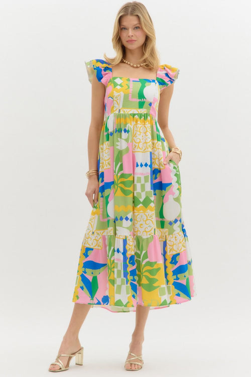 Pattern Block Midi Dress-Dress-Entro-Pink Combo-Small-Inspired Wings Fashion