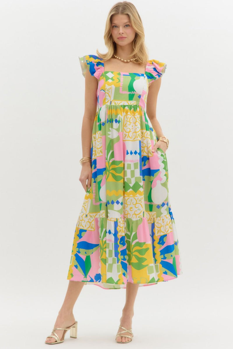 Pattern Block Midi Dress-Dress-Entro-Pink Combo-Small-Inspired Wings Fashion