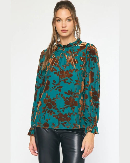 Velvet Floral Top-Tops-Entro-Small-Teal-Inspired Wings Fashion