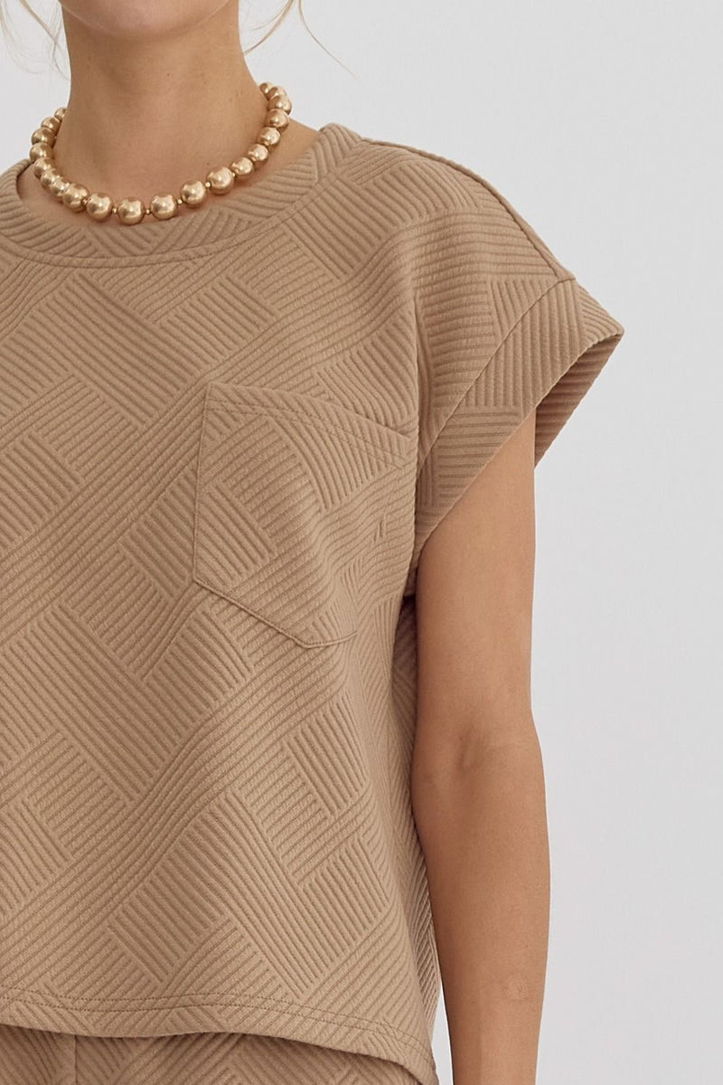 Textured round neck short sleeve Cropped Top-Shirts & Tops-Entro-Tan-Small-Inspired Wings Fashion