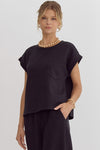 Textured round neck short sleeve Cropped Top-Shirts & Tops-Entro-Black-Small-Inspired Wings Fashion