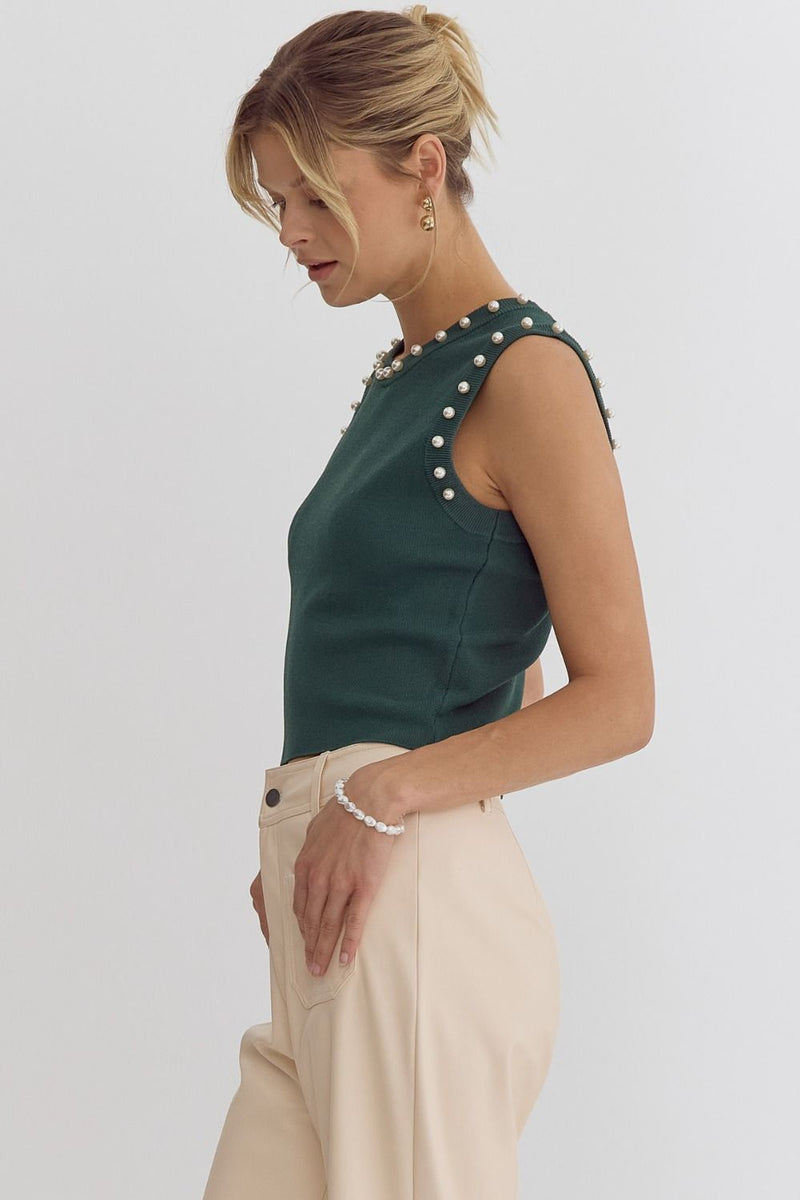 Solid Round Neck Cropped Tank w/ Pearl Detail-Shirts & Tops-Entro-H Green-Small-Inspired Wings Fashion