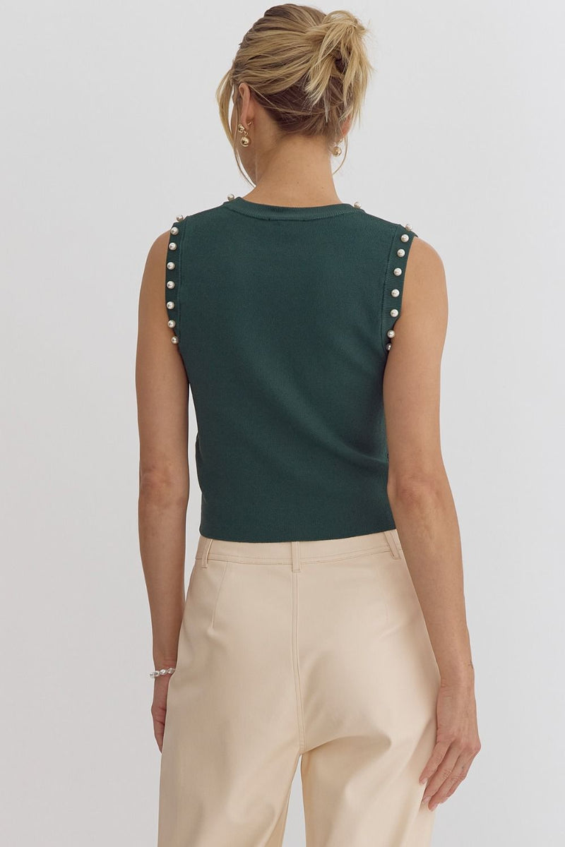 Solid Round Neck Cropped Tank w/ Pearl Detail-Shirts & Tops-Entro-H Green-Small-Inspired Wings Fashion