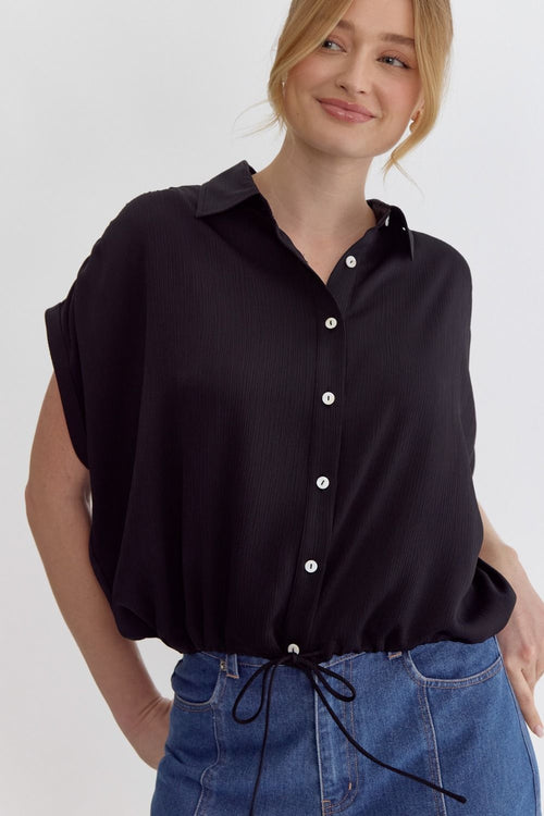 Textured Button Down Short Sleeve Top-Shirts & Tops-Entro-Black-Small-Inspired Wings Fashion