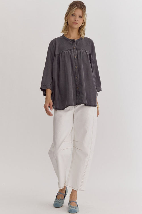 Chambray Button Top-Shirts & Tops-Entro-Denim Black-Small-Inspired Wings Fashion