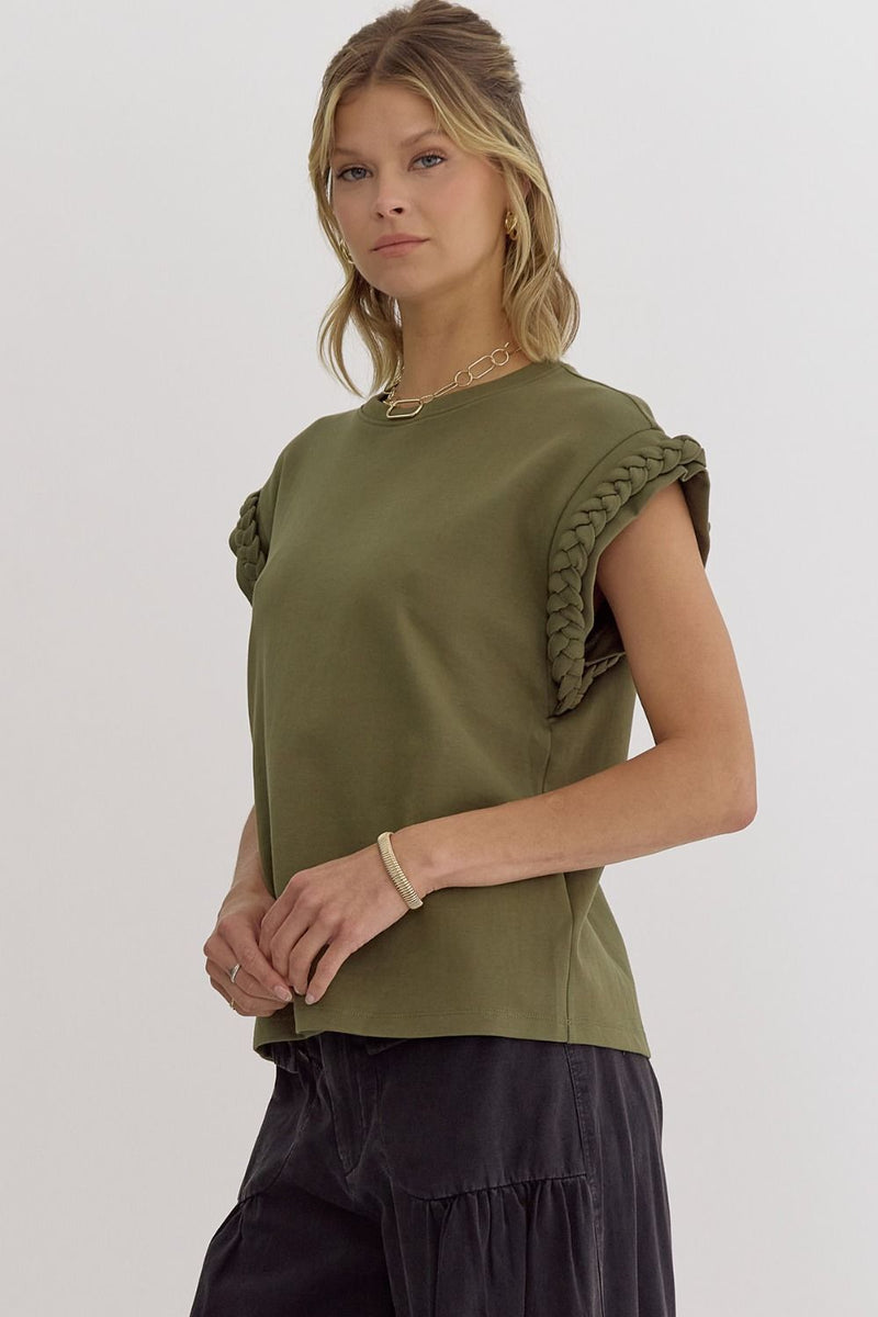 Cap Sleeve Top with Braided Sleeves-Shirts & Tops-Entro-Olive-Small-Inspired Wings Fashion