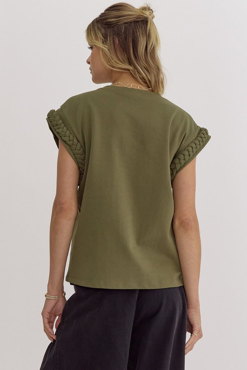 Cap Sleeve Top with Braided Sleeves-Shirts & Tops-Entro-Olive-Small-Inspired Wings Fashion