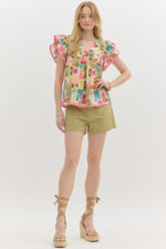 Abstract Flutter Sleeve Top-Shirts & Tops-Entro-Pink/Multi-Small-Inspired Wings Fashion