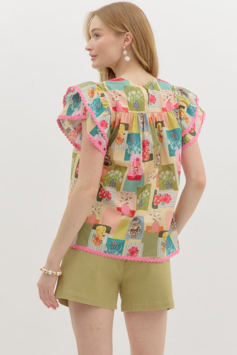 Abstract Flutter Sleeve Top-Shirts & Tops-Entro-Pink/Multi-Small-Inspired Wings Fashion