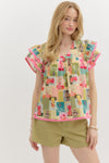 Abstract Flutter Sleeve Top-Shirts & Tops-Entro-Pink/Multi-Small-Inspired Wings Fashion