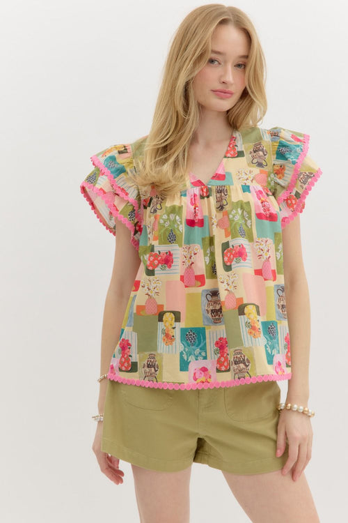 Abstract Flutter Sleeve Top-Shirts & Tops-Entro-Pink/Multi-Small-Inspired Wings Fashion