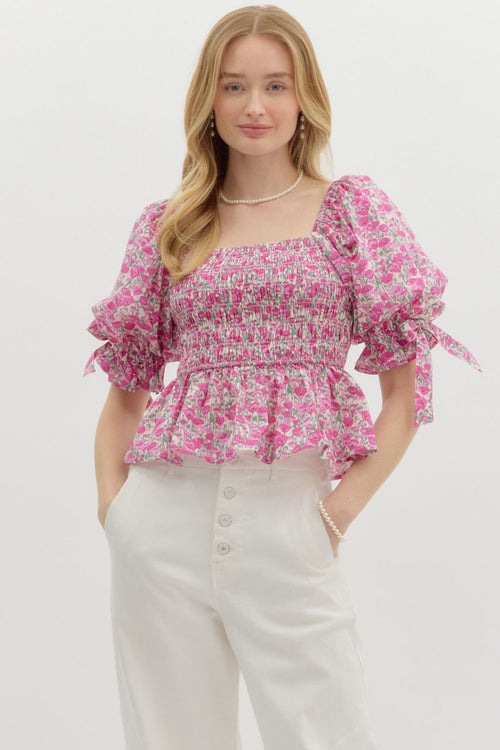 Ditsy Floral Smocked Top-Top-Entro-Pink-Small-Inspired Wings Fashion