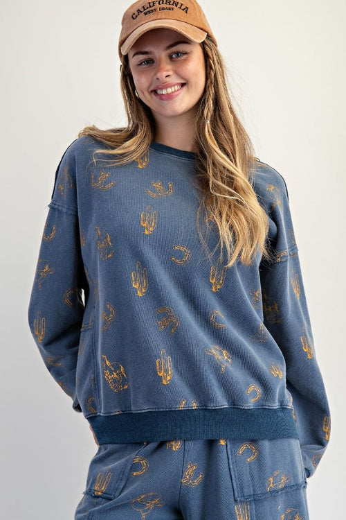 Western Print Terry Pullover-Pullover-Easel-Indigo-Small-Inspired Wings Fashion