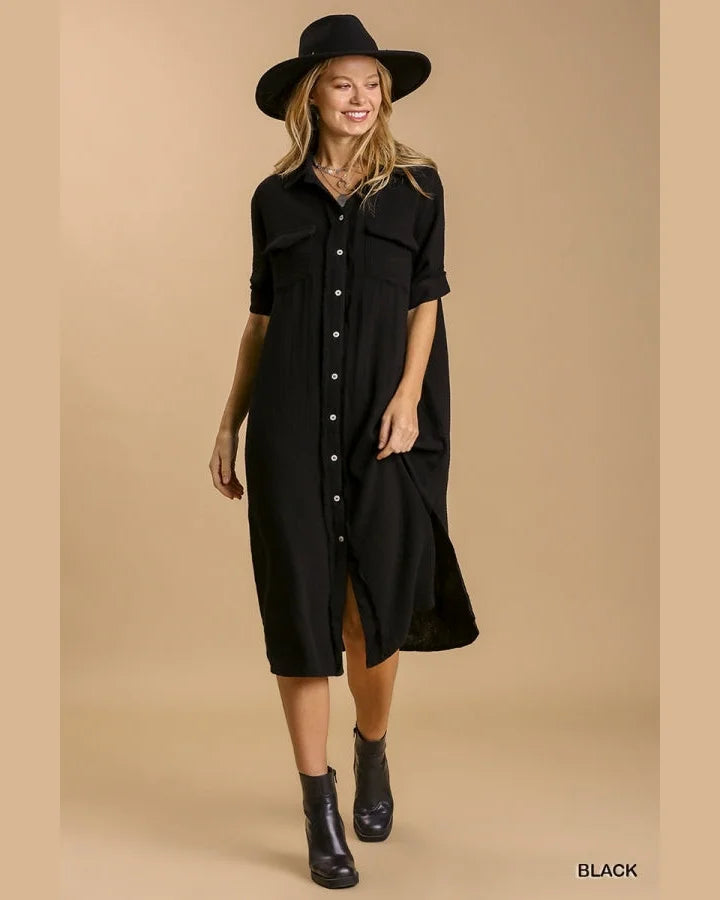 Button Up Gauze Dress-Dresses-Umgee-Small-Black-Inspired Wings Fashion
