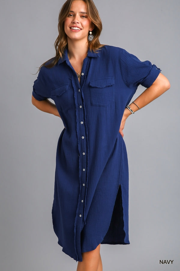 Button Up Gauze Dress-Dresses-Umgee-Small-Navy-Inspired Wings Fashion