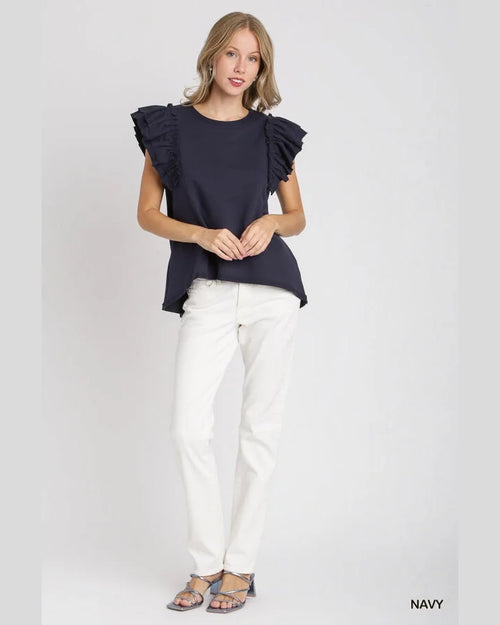 Double Ruffle Sleeves Top-Shirts & Tops-Umgee-Small-Navy-Inspired Wings Fashion
