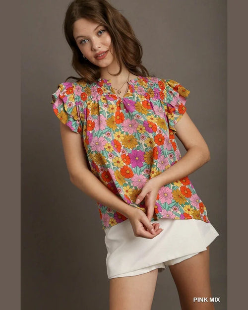 Floral Ruffle Top-Shirts & Tops-Umgee-Small-Pink Mix-Inspired Wings Fashion