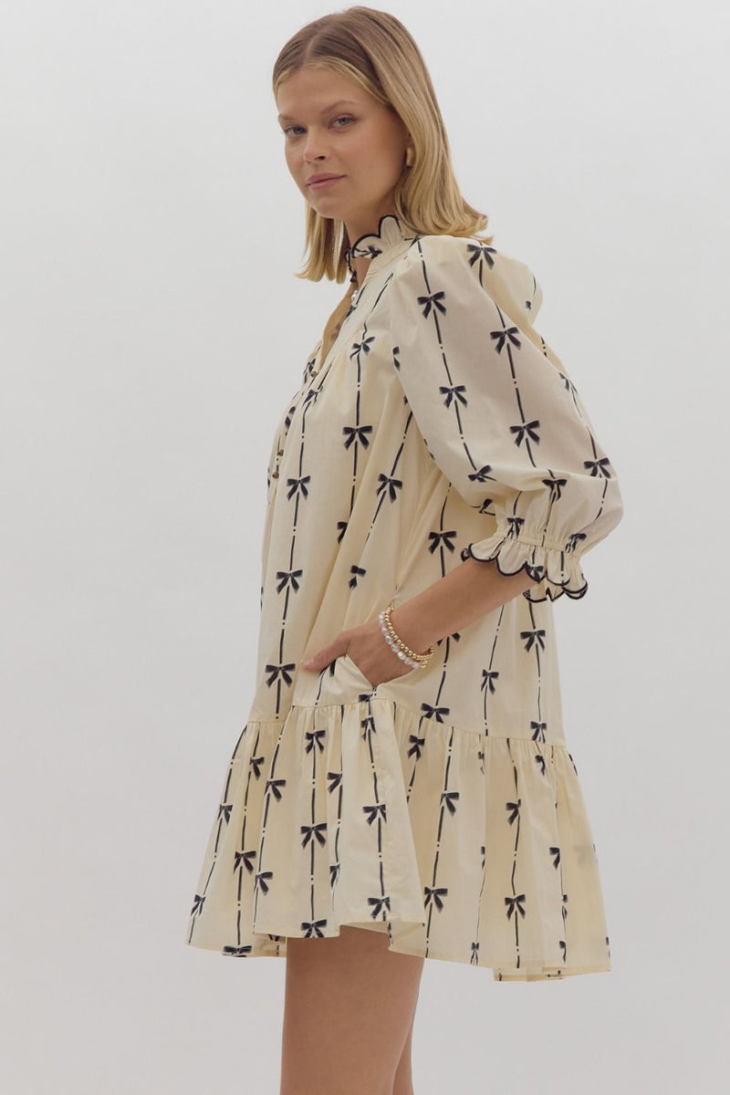 Bow Print Mini Dress-Dresses-Entro-Natural-Small-Inspired Wings Fashion