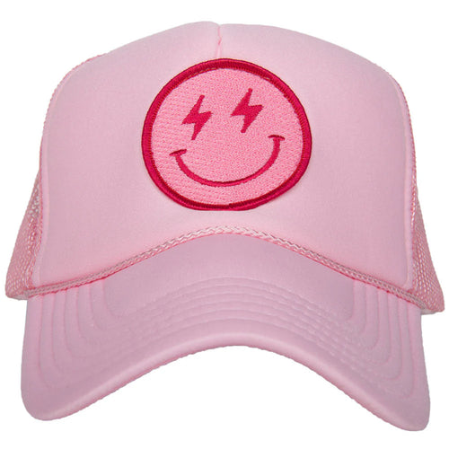 Hot Pink Lightning Happy Face Trucker Hat-Hats-Katydid-Light Pink-Inspired Wings Fashion