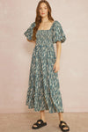 Printed Tiered Square Neck Midi Dress-Dresses-Entro-Small-Teal-Inspired Wings Fashion