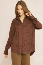 Solid Textured Long Sleeve Button Up Top-Shirts & Tops-Entro-Small-Chocolate-Inspired Wings Fashion