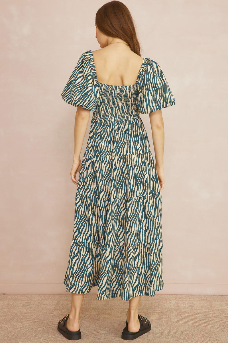 Printed Tiered Square Neck Midi Dress-Dresses-Entro-Small-Teal-Inspired Wings Fashion