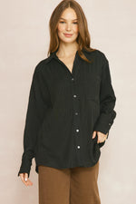 Solid Textured Long Sleeve Button Up Top-Shirts & Tops-Entro-Small-Black-Inspired Wings Fashion