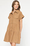 Solid Tiered Button Up Mini Dress-Dresses-Entro-Small-Camel-Inspired Wings Fashion