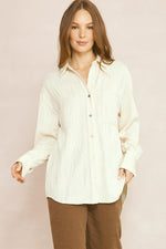 Solid Textured Long Sleeve Button Up Top-Shirts & Tops-Entro-Small-Ecru-Inspired Wings Fashion