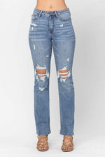 Stone Washed Destroyed Bootcut Jeans-Pants-Judy Blue-0-Medium Wash-Inspired Wings Fashion